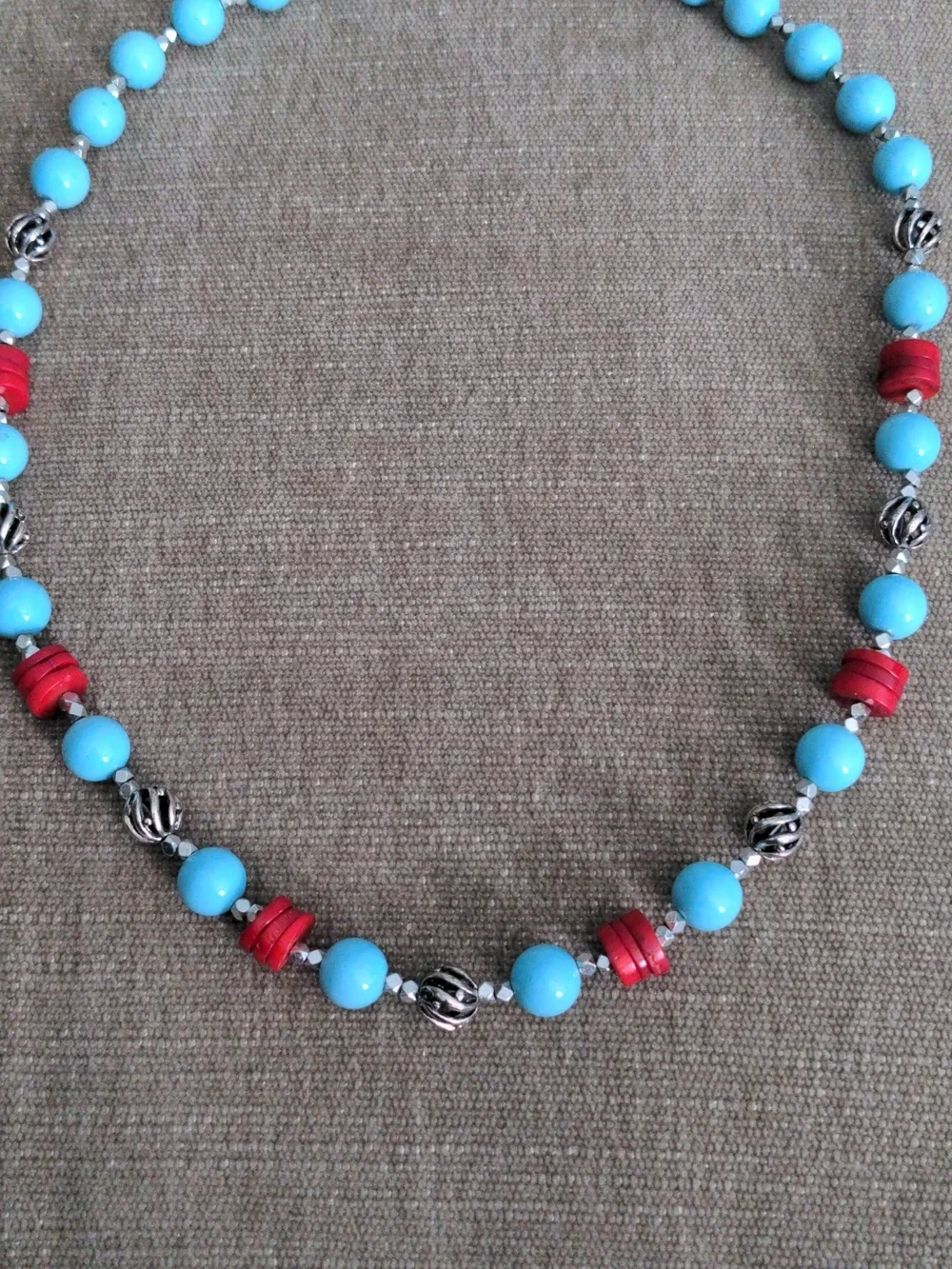 Turquoise Hued Blue & Red Coral  Bead Necklace , 25